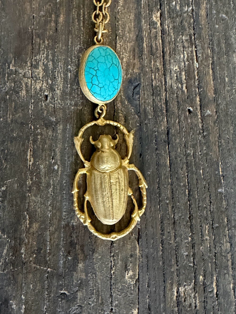 Gold Scarab Pendant Necklace with Turquoise Stone - Women Jewelry